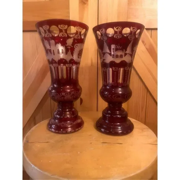 Vintage Egarmann Ruby Cut to Clear Vase/Glass Czech Bohemian set of 2